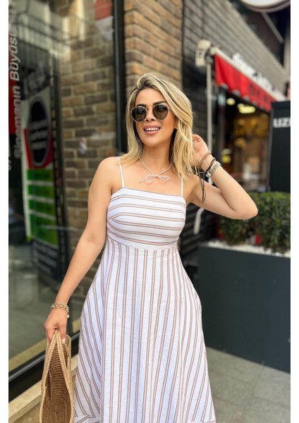 Askılı Çizgili Poplin Elbise Ekru