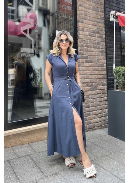 Düğmeli Kısa Kol Uzun Keten Elbise Lacivert