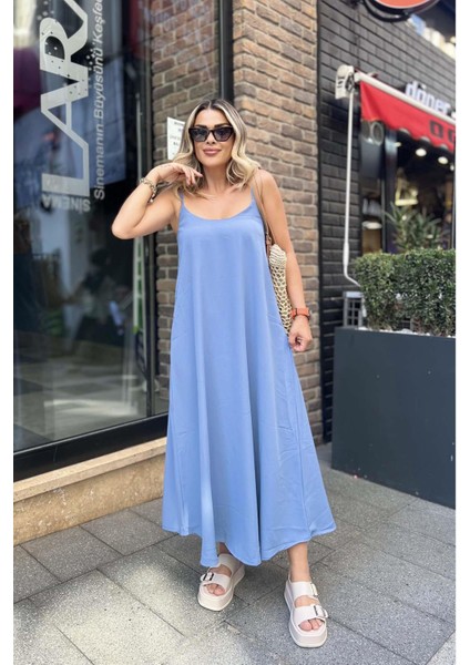 Ip Askılı Geniş Kesim Saten Elbise Turkuaz