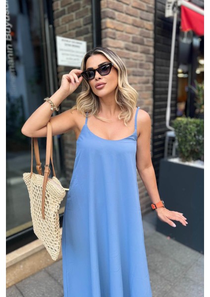 Ip Askılı Geniş Kesim Saten Elbise Turkuaz fiyatları