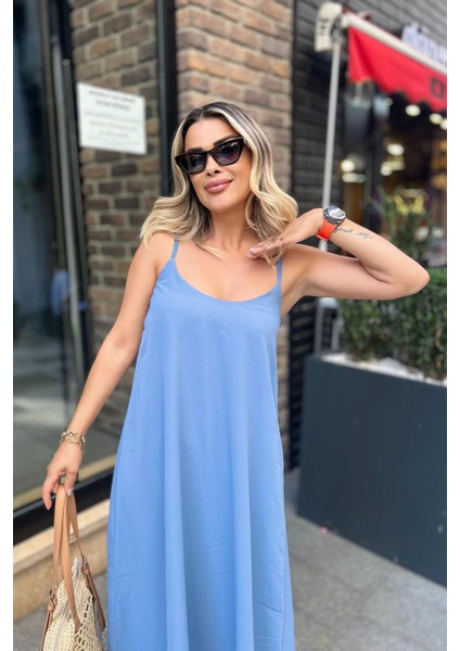 Ip Askılı Geniş Kesim Saten Elbise Turkuaz modelleri