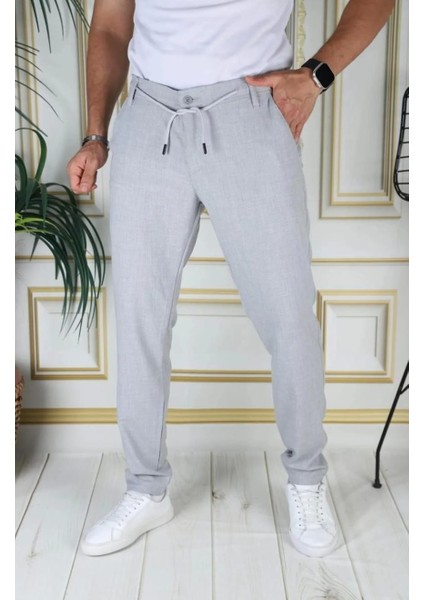 Erkek Gri Italyan Kesim Kaliteli Esnek Slim Fit Likralı Lastikli Ipli Şık Koton Kumaş Pantolon