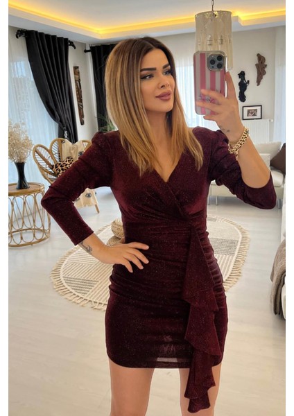 Ön Arka V Yaka Drapeli Elbise Kırmızı
