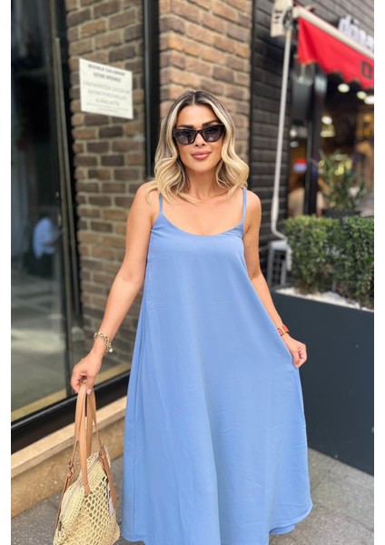 Ip Askılı Geniş Kesim Saten Elbise Turkuaz indirimleri