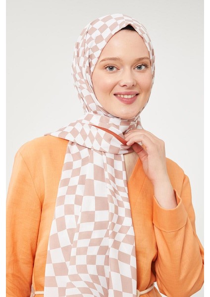 Sütlü Kahve Dama Desen Mono Krep Şal fiyatları