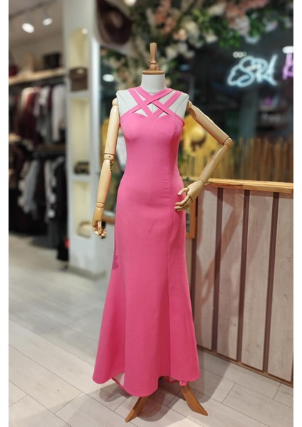 Halter Yaka Balık Elbise Pembe