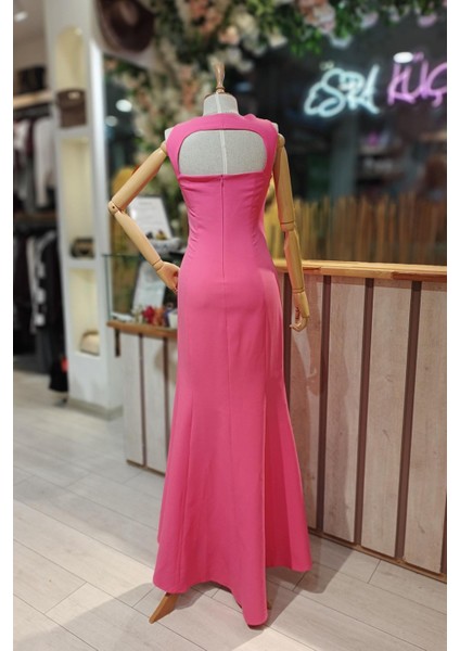 Halter Yaka Balık Elbise Pembe