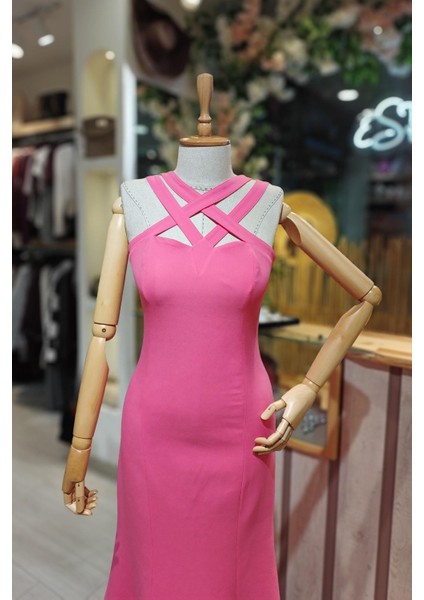 Halter Yaka Balık Elbise Pembe