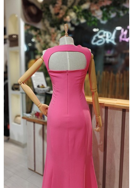 Halter Yaka Balık Elbise Pembe