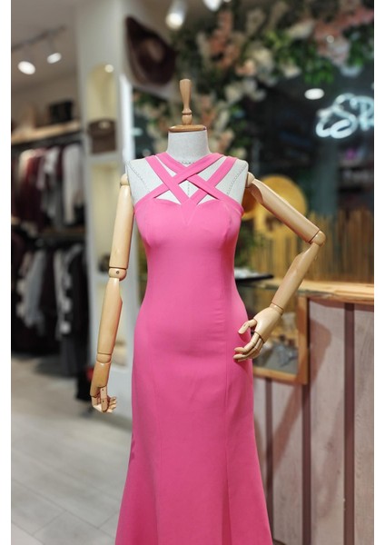 Halter Yaka Balık Elbise Pembe