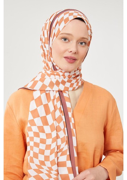 Turuncu Dama Desen Mono Krep Şal