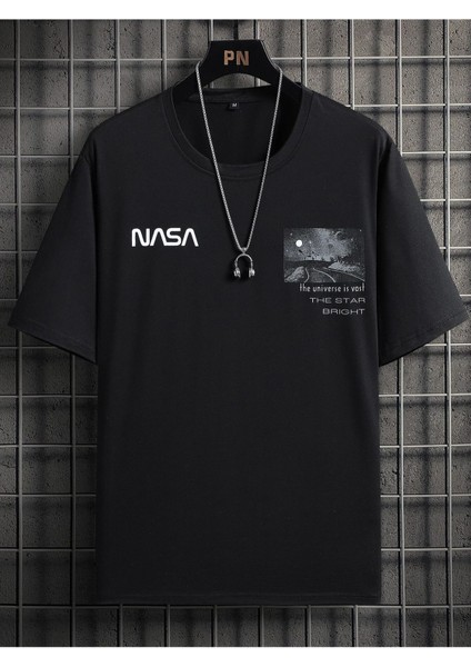 Unisex Nasa Baskılı Pamuklu Bisiklet Yaka Kısa Kollu %100 Pamuk Oversize A++ T-Shirt