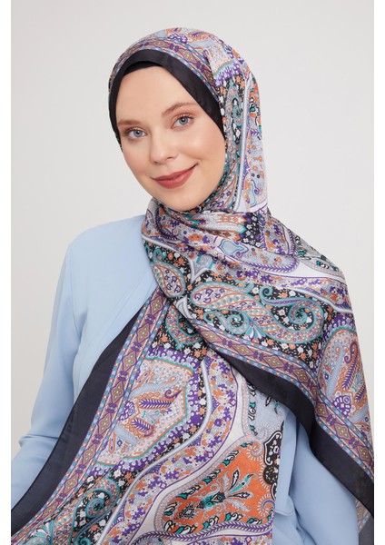 Siyah-Bej Etnik Baskılı Vual İpek Şal