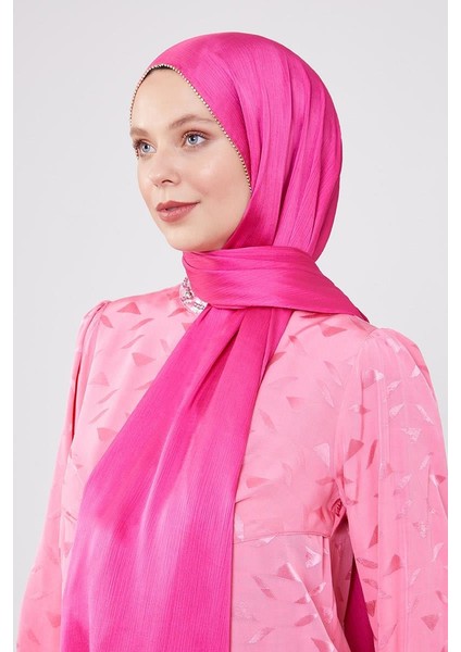 Fuşya Yanları Taş Şeritli Brilant Şal