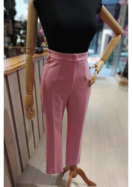Önü Ütü Izli Yüksek Bel Havuç Pantolon Pembe