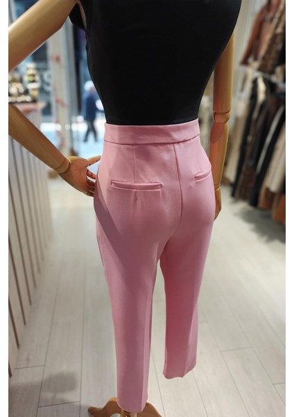 Önü Ütü Izli Yüksek Bel Havuç Pantolon Pembe