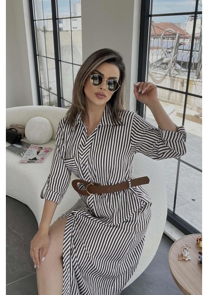 Tasarım Kemer Çizgili Gömlek Elbise Acı Kahve modelleri
