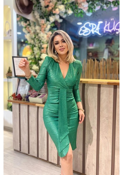 Simli V Yaka Ön Kuşak Detaylı Dar Elbise Yeşil