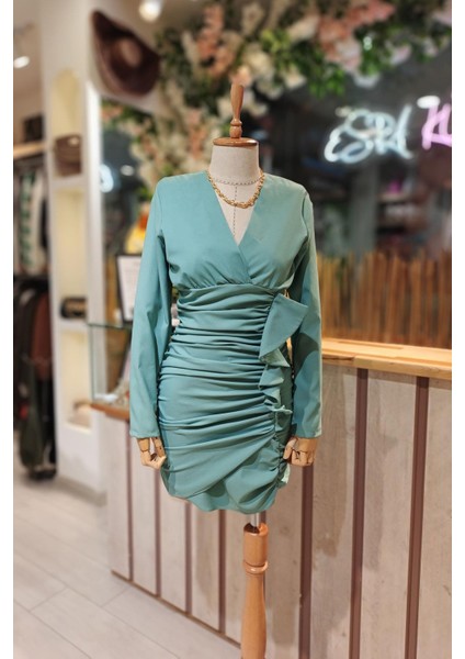 Ön Drape Kısa Elbise Mint Yeşili