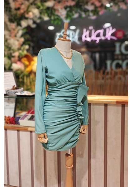 Ön Drape Kısa Elbise Mint Yeşili