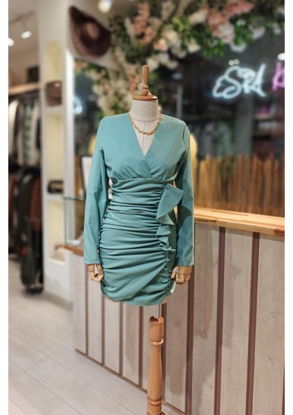 Ön Drape Kısa Elbise Mint Yeşili