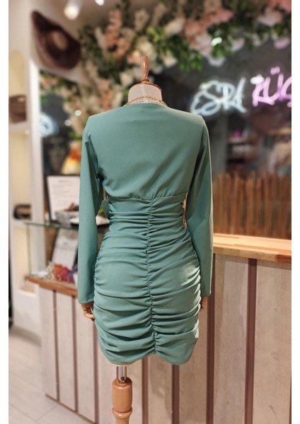 Ön Drape Kısa Elbise Mint Yeşili