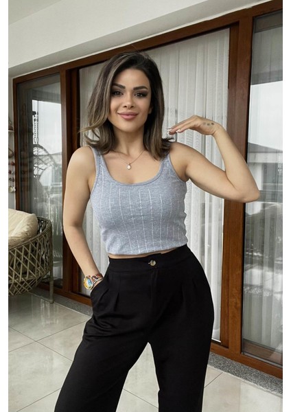 Ince Askılı Taşlı Atlet Gri