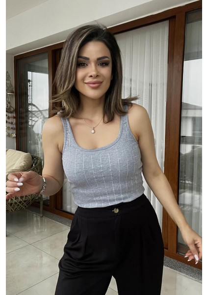 Ince Askılı Taşlı Atlet Gri