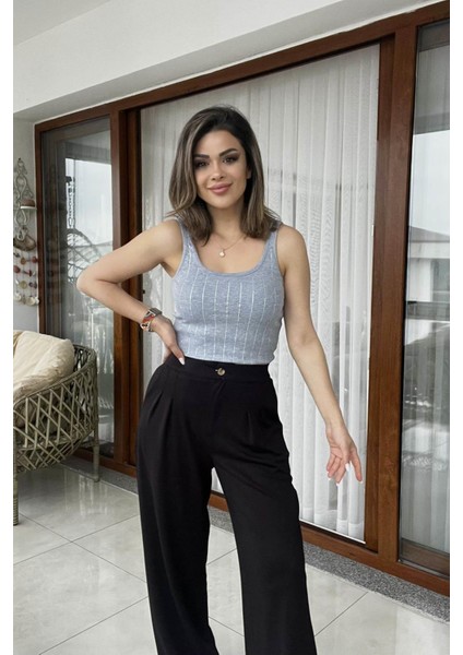 Ince Askılı Taşlı Atlet Gri