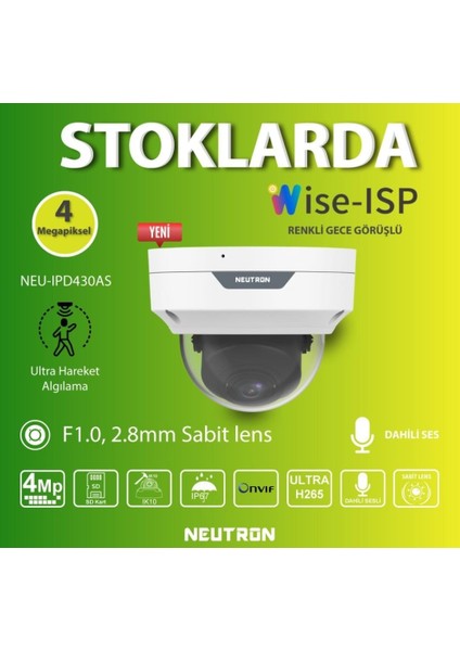 Nif Bilişim Neutron NEU-IPD430AS 4mp 2.8mm Sabit Lens Dahili Sesli Gece Renkli Colorhunter Wise-Isp Onvif H.265+ Ip Dome Kamera