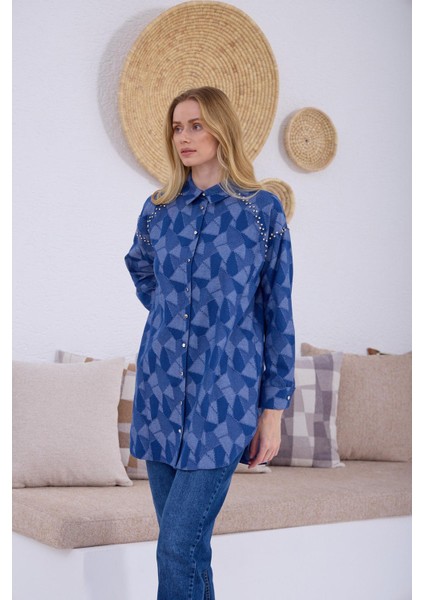 Geometrik Desenli Taşlı Denim Gömlek fiyatları