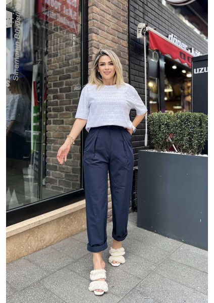 Paça Katlamalı Yüksek Bel Pantolon Lacivert
