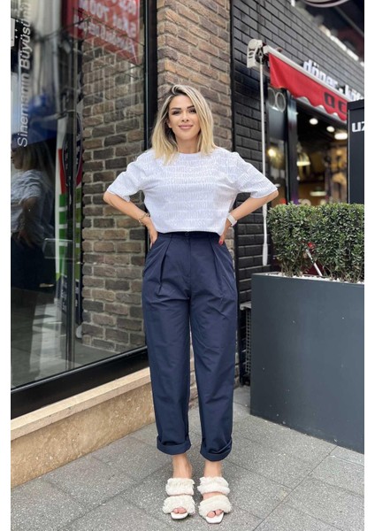 Paça Katlamalı Yüksek Bel Pantolon Lacivert fiyatları