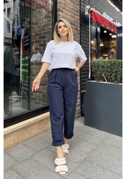 Paça Katlamalı Yüksek Bel Pantolon Lacivert modelleri
