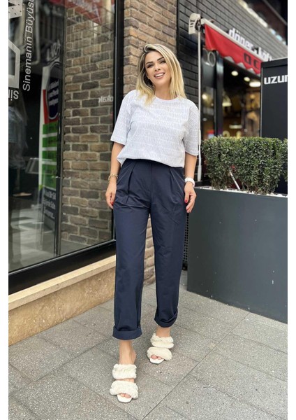 Paça Katlamalı Yüksek Bel Pantolon Lacivert fırsatları
