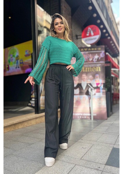 Lastikli Bel Palazzo Pantolon Siyah