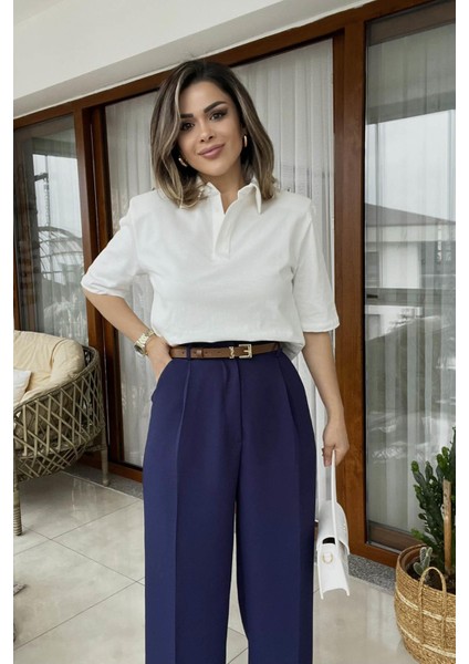 Tek Pile Yüksek Bel Kumaş Pantolon Lacivert