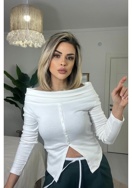 Kayık Yaka Önü Düüğmeli Body Beyaz indirimleri
