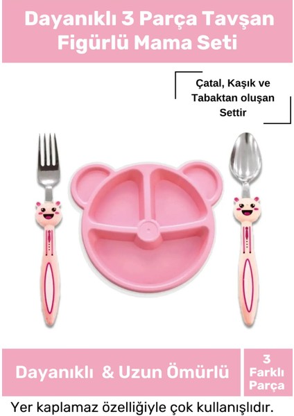 Dayanıklı 3 Parça Tavşan Figürlü Bebek Çocuk Çatal Kaşık ve Mama Tabağı Seti