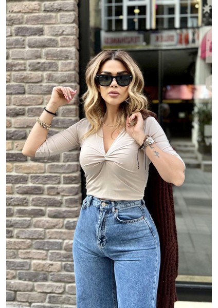 V Yaka Ön Düğümlü Bluz Taş modelleri