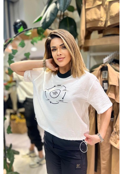 Beli Lastikli Kadife Baskı Bluz Beyaz modelleri