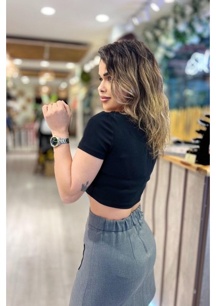 Kısakollu Crop Top Siyah