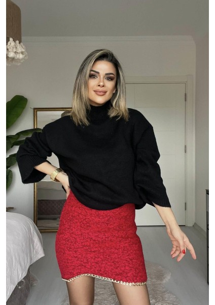 Zincir Detay Mini Etek Kırmızı
