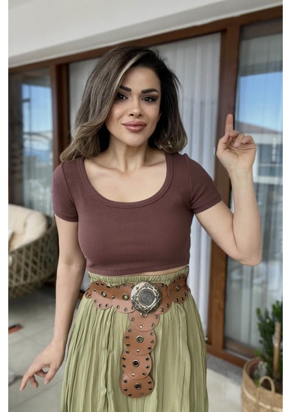Kısakollu Crop Top Kahverengi