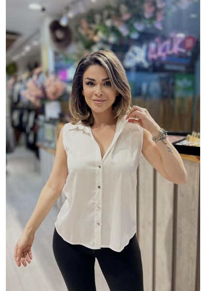 Sırt Taşlı Şerit Detaylı Bluz Ekru