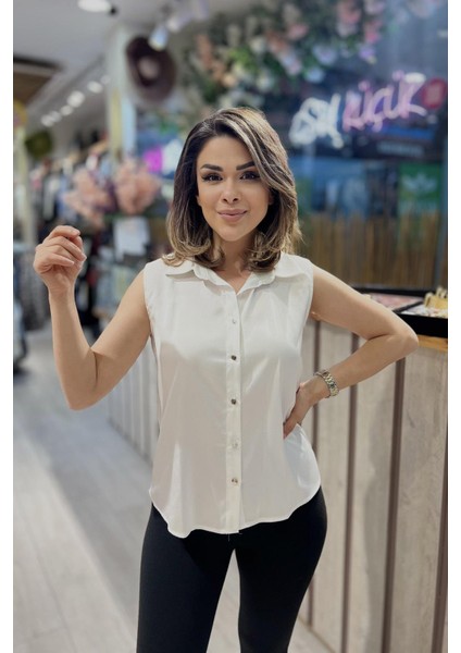 Sırt Taşlı Şerit Detaylı Bluz Ekru