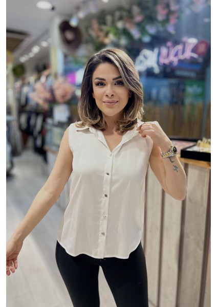 Sırt Taşlı Şerit Detaylı Bluz Ekru
