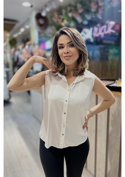 Sırt Taşlı Şerit Detaylı Bluz Ekru