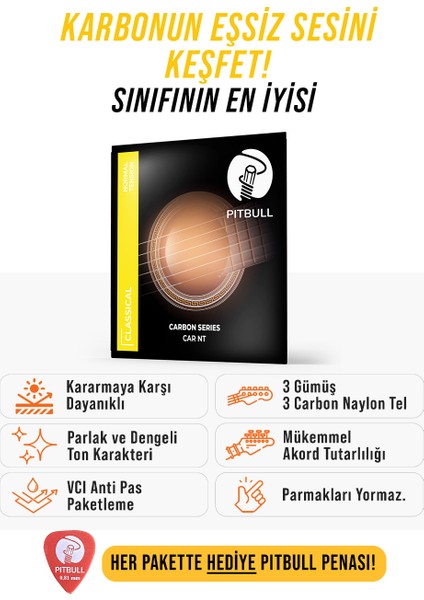 Carbon Seri Dengeli Ton Karakteri Mükemmel Akord Tutarlılığı Klasik Gitar Teli Takım + Pena Car