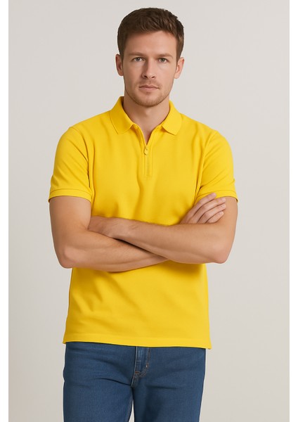 Erkek Kısakol Polo Yaka Fermuarlı Tshirt Sarı